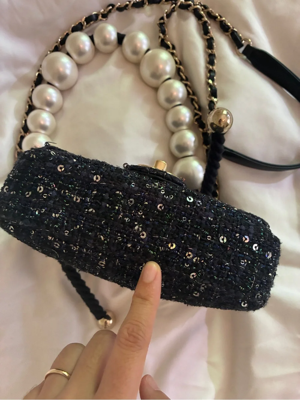 Chanel Black Sequined Pearl-Handle classic flap Mini Shoulder Bag runway